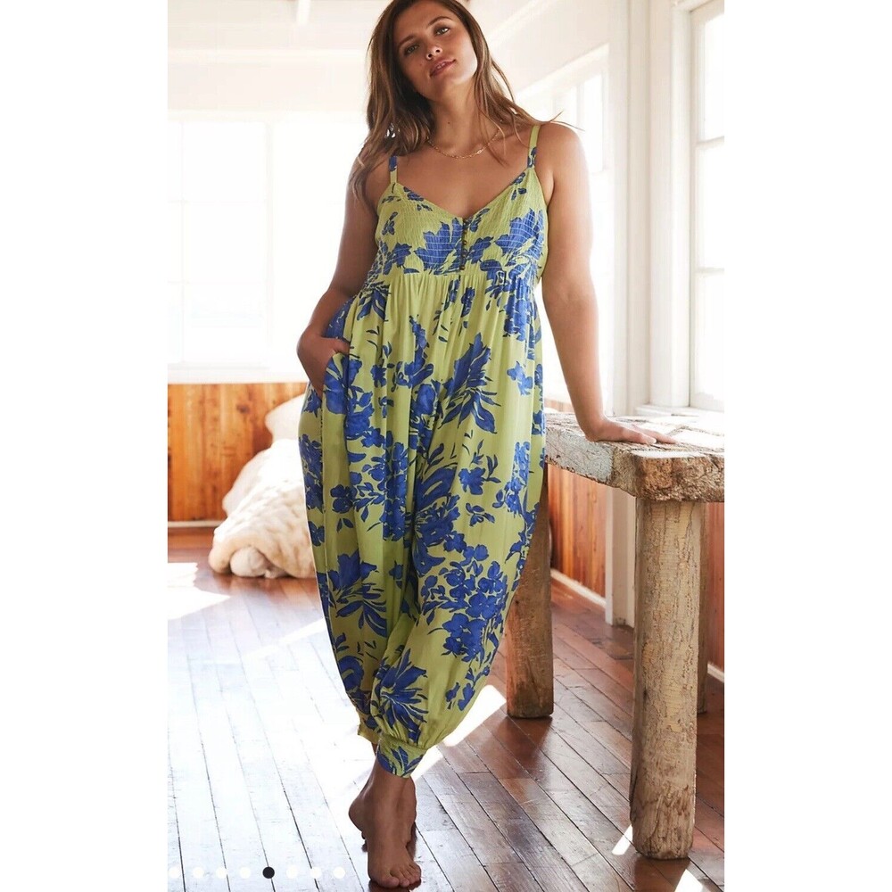 Anthropologie Lime Green and Cobalt Blue Floral Wide-Leg Jumpsuit